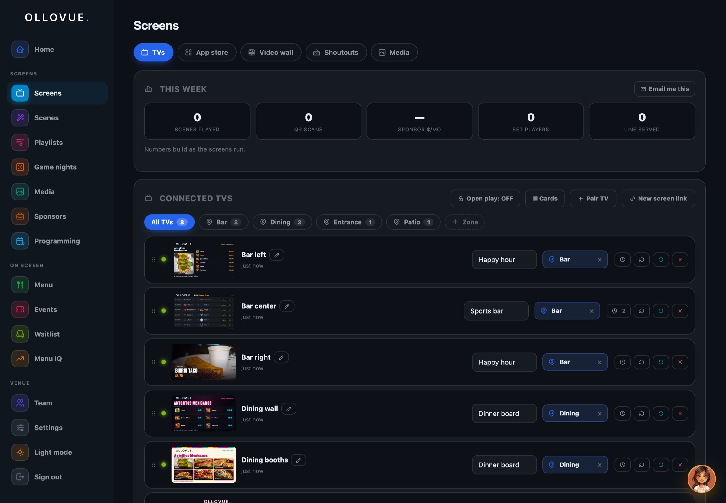 The Screens list with a live thumbnail for each TV