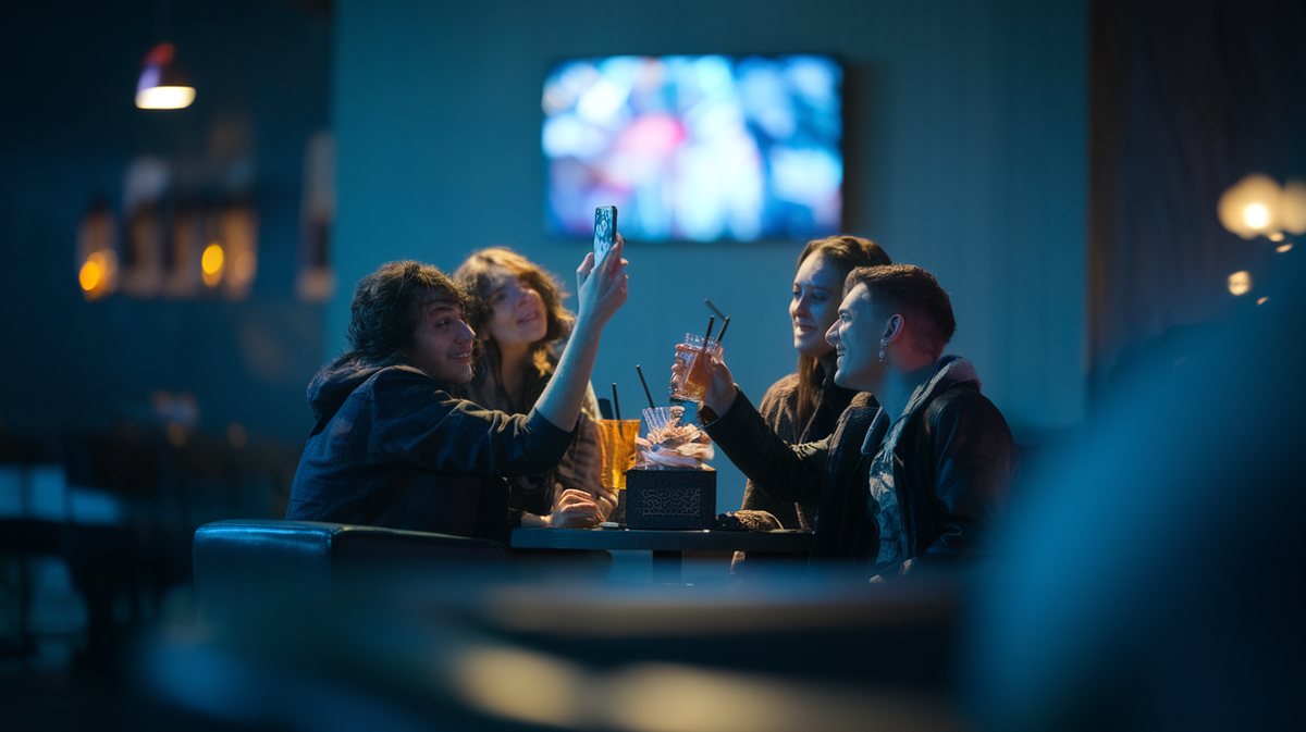 Guests at a table looking up at a TV