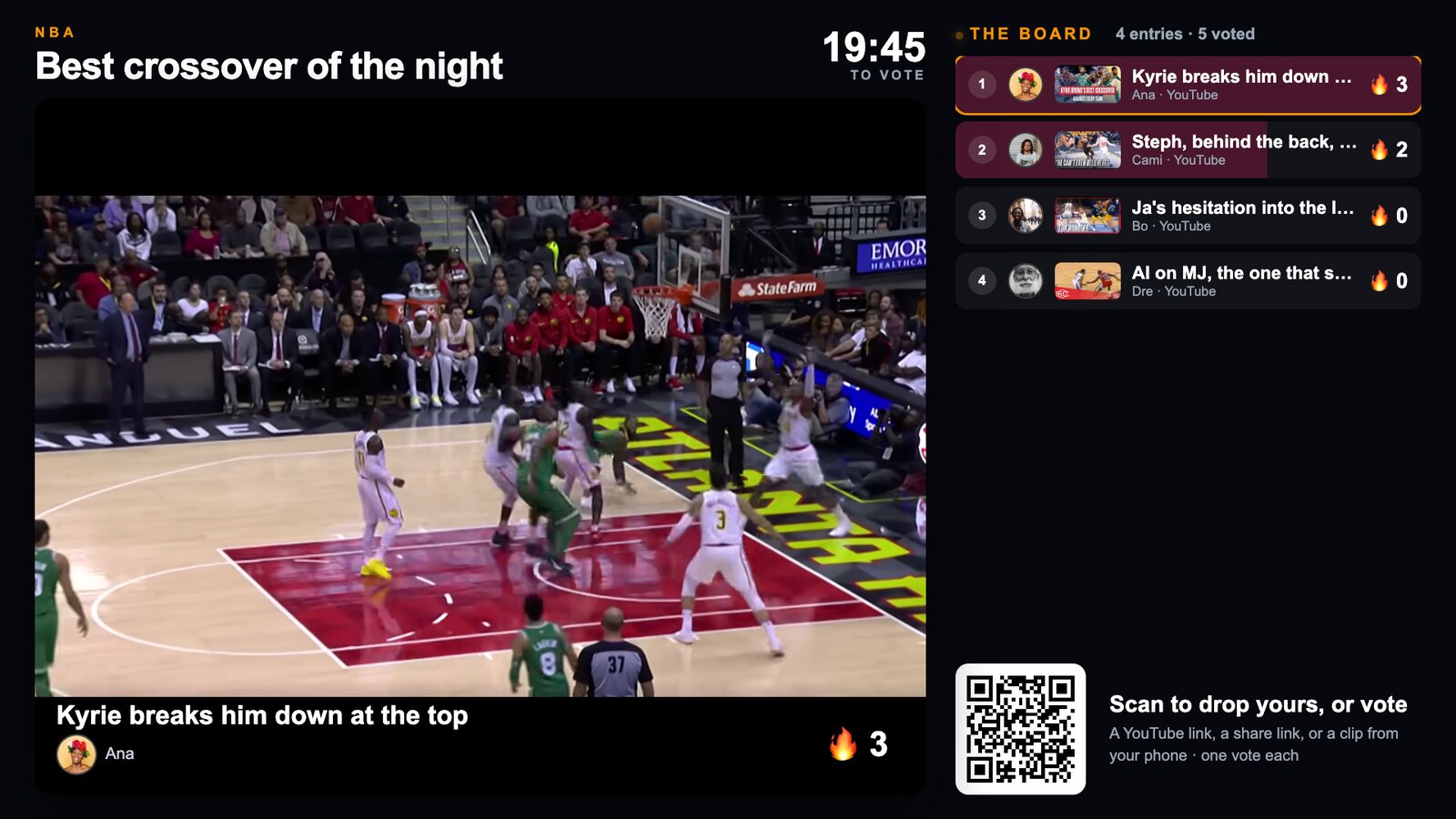 Best Of: a guest's basketball clip playing on the wall with the live vote board beside it