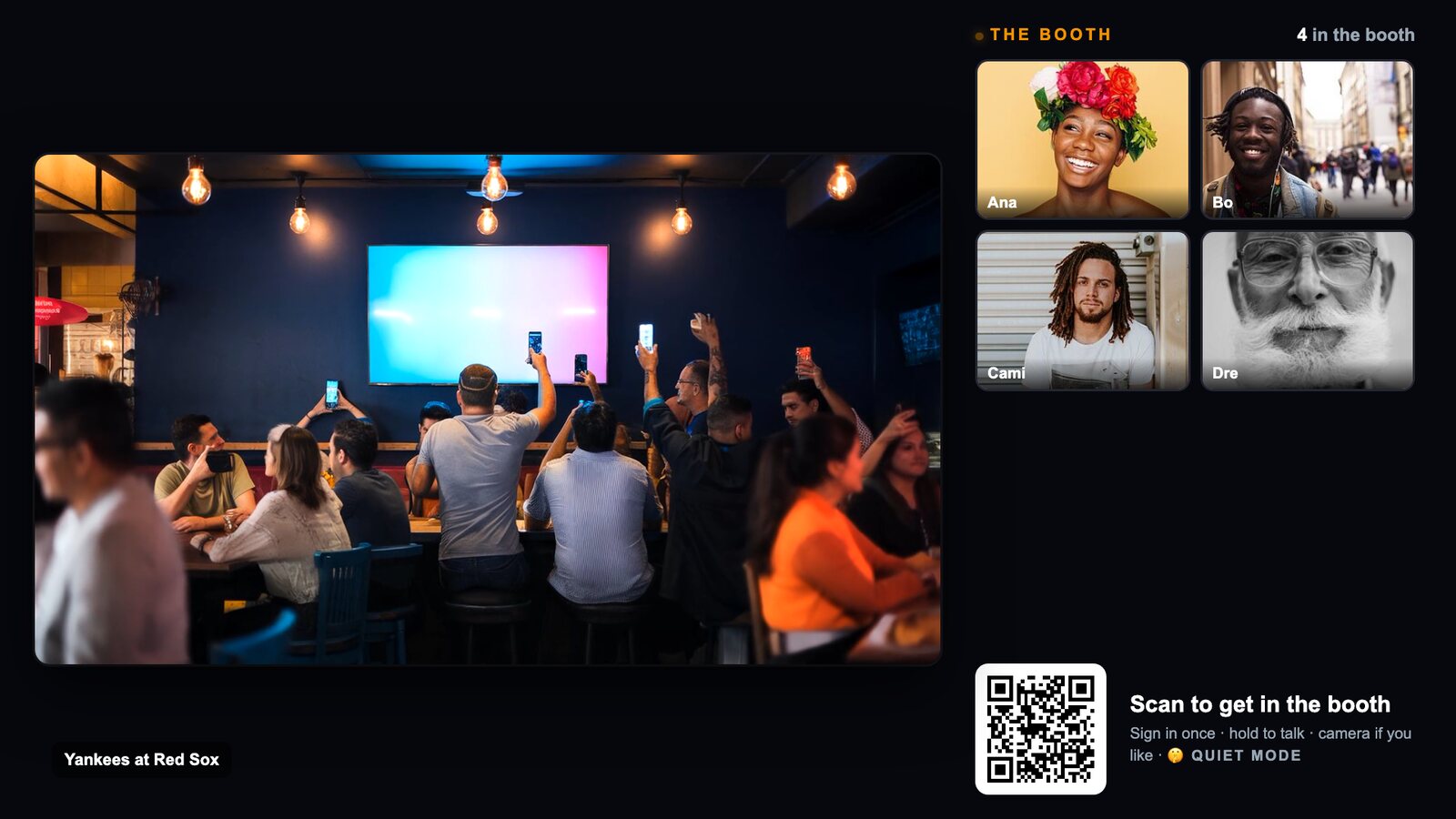 The Booth: a bar full of people on a TV with four guests on the rail beside it