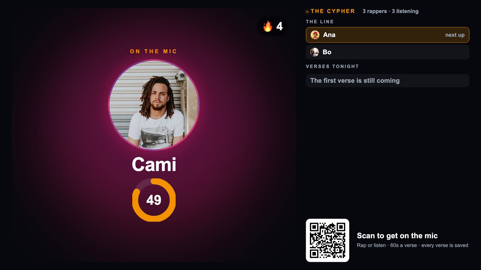 The Cypher: a rapper on the mic with a countdown, the line waiting, and fire votes
