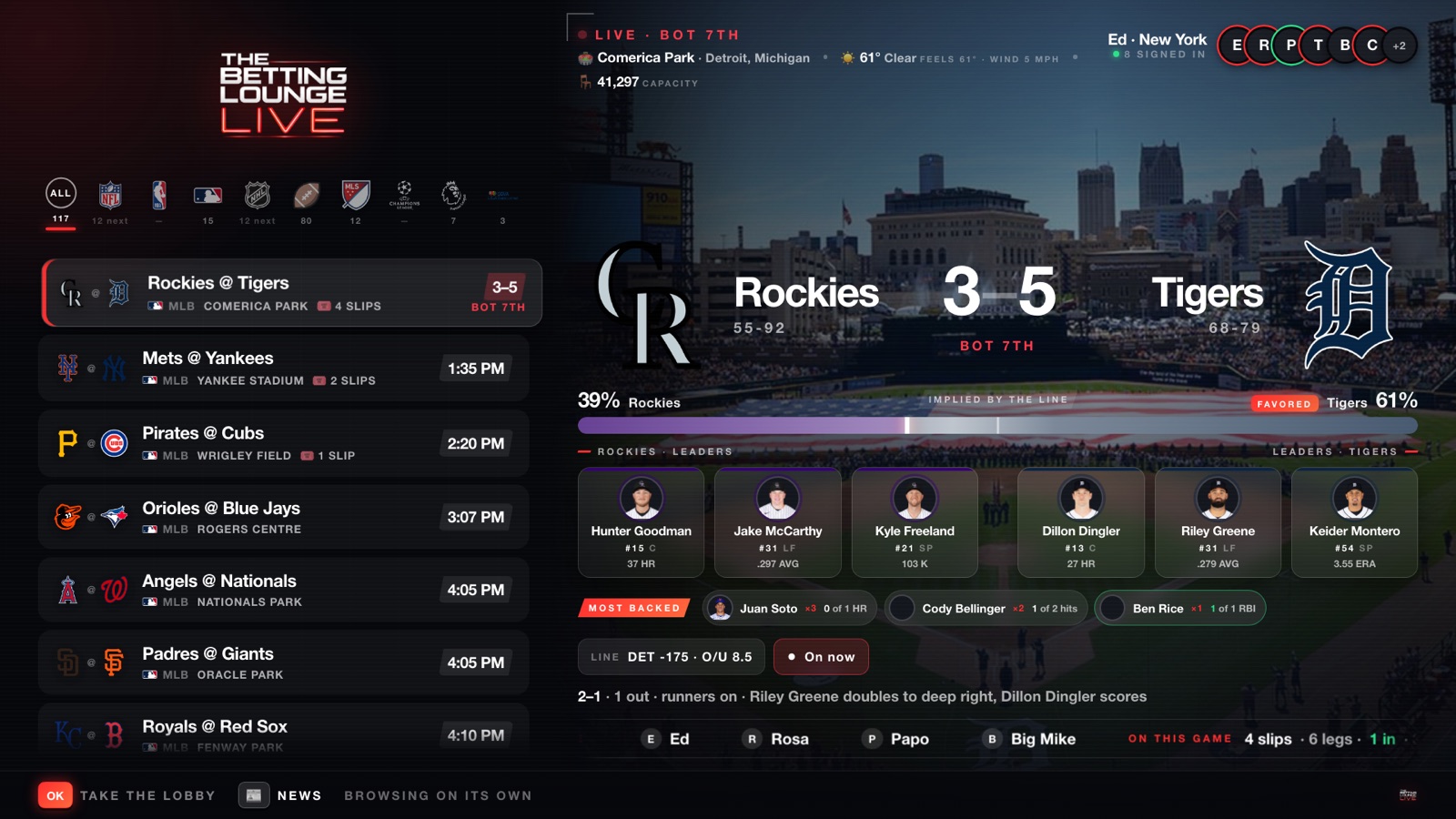 The game lobby: tonight's fixtures with team crests, the stadium, its capacity and the live weather