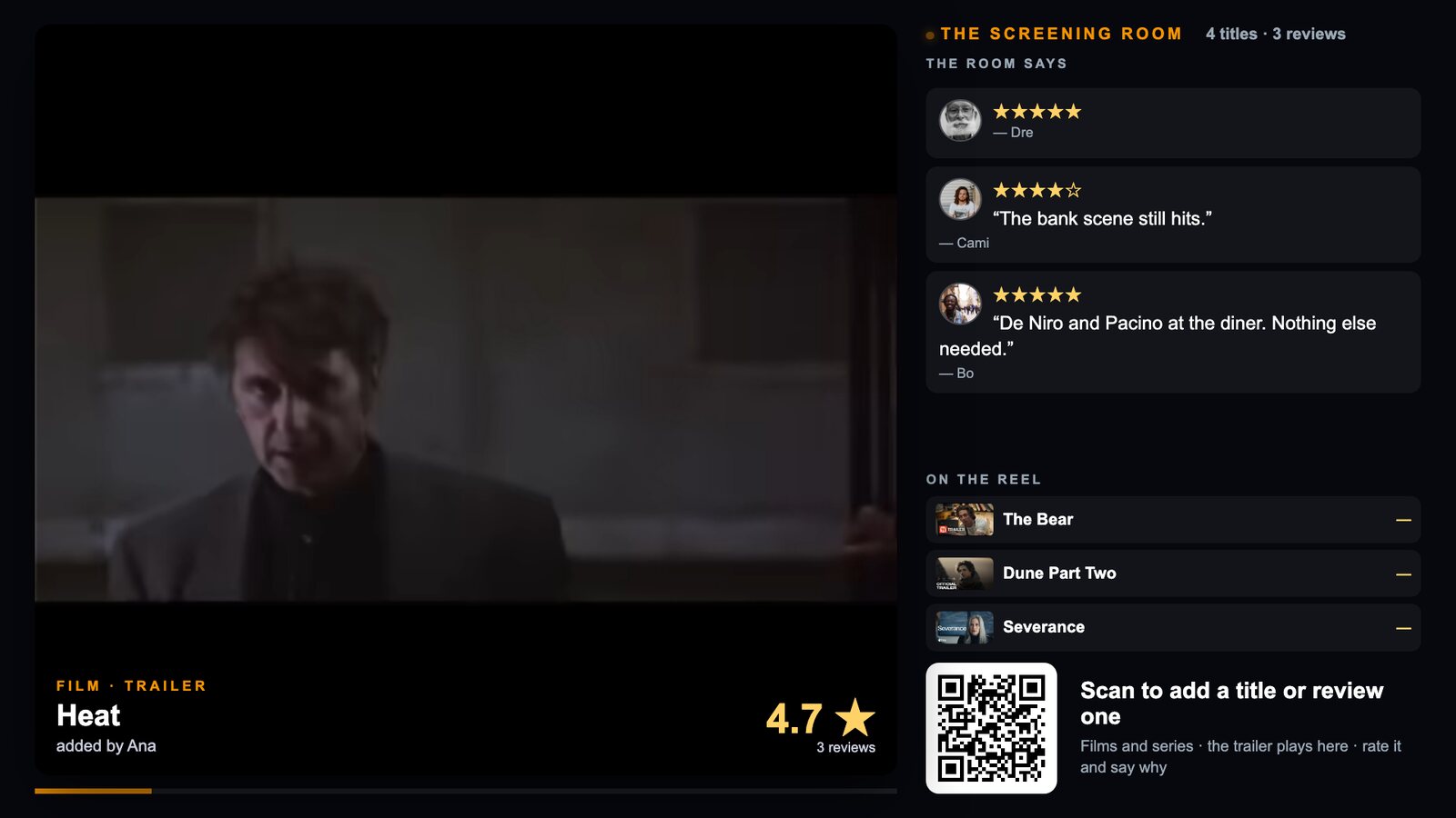 The Screening Room: a film trailer playing with the room's star reviews beside it