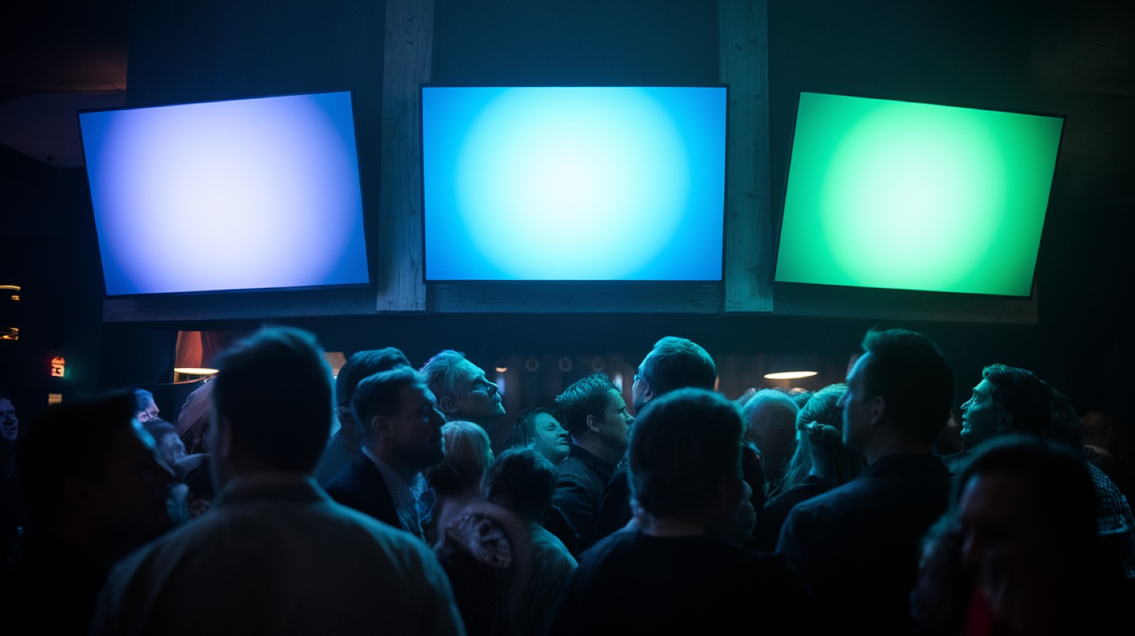 A crowd watching three TVs during a takeover