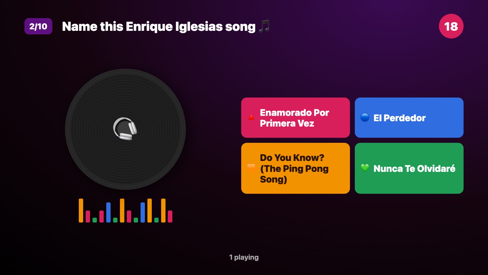 Music trivia round on a TV with four song titles